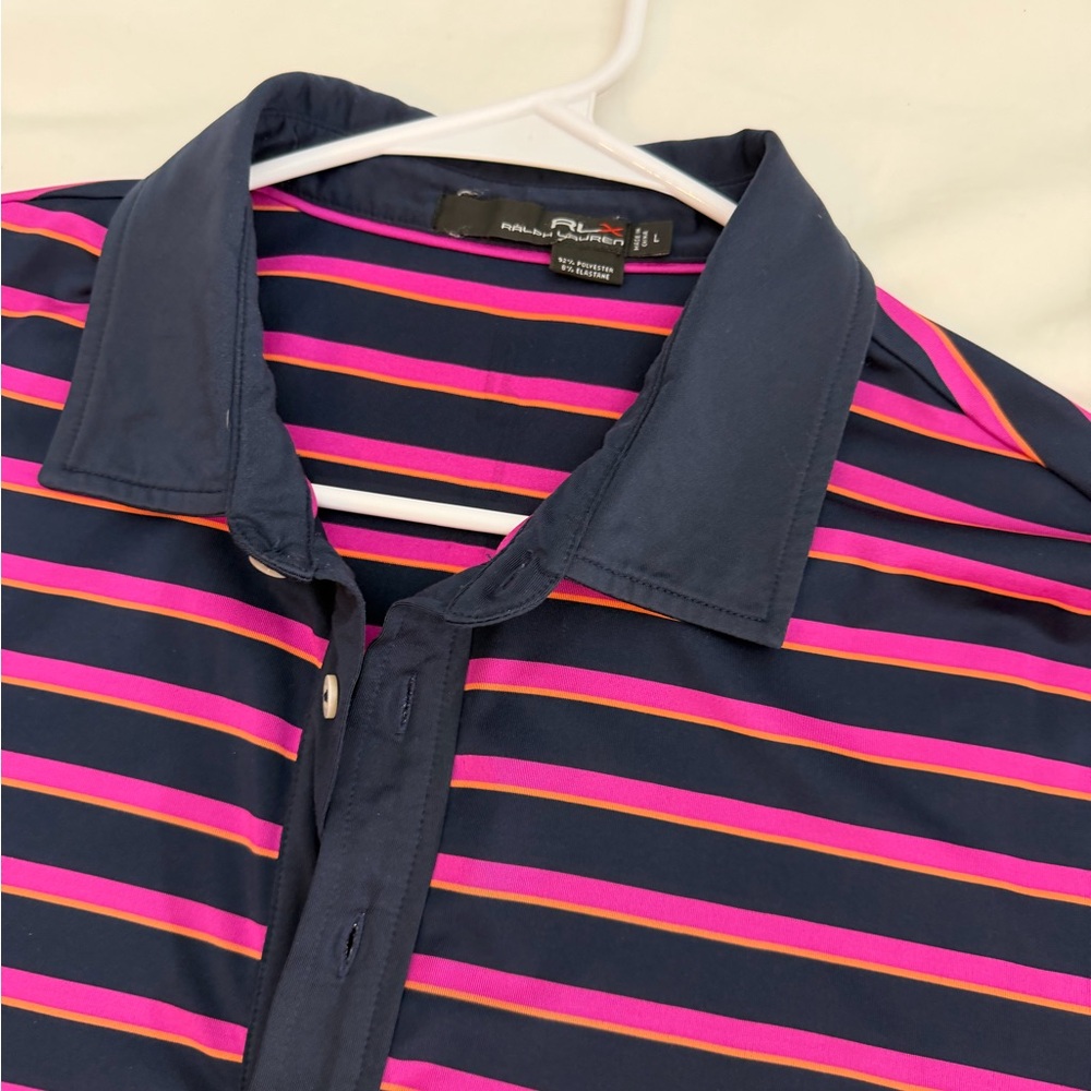 RLX Ralph Lauren Blue/Pink Striped Polo Golf Performance Shirt size Large